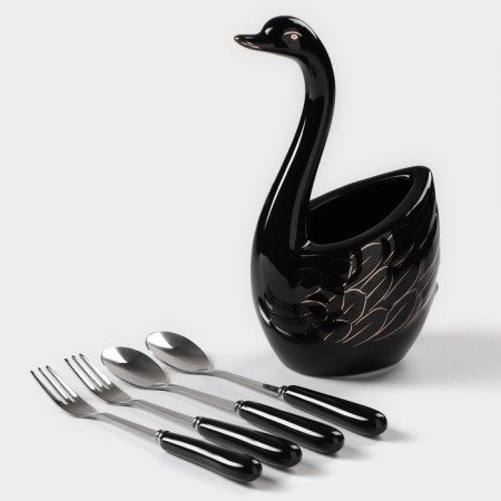 Swan stands for cutlery, 5 items: stand 9 × 6.5 × 16.5 cm, 2 spoons, 2 forks, black color black-2