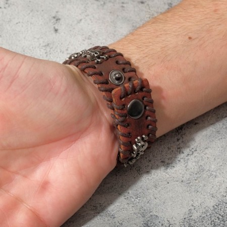 Bracelet Skin "Skull" with bones, brown color with silver, 20 cm-3