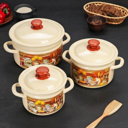 Set of pan "rural motive", 3 subjects: 2 l, 3 l, 5 l, enameled covers, induction