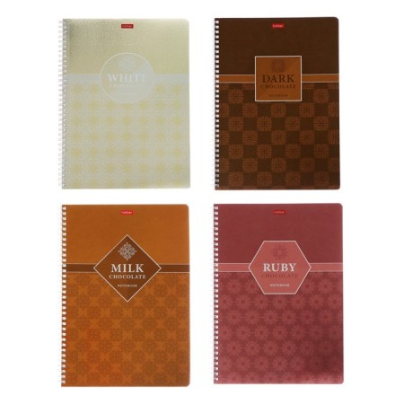 A4 notebook, 96 sheets in a cage on the crest of Chocolate, cover coated cardboard, metallized cardboard, selective varnish, block 65g/m2, 4v mix