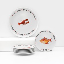 Set of porcelain plates for Sealife pizza, 7 objects, Mix drawing