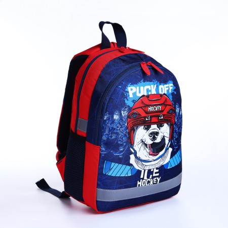 Baby backpack on a zipper, a reflective strip, blue/red color