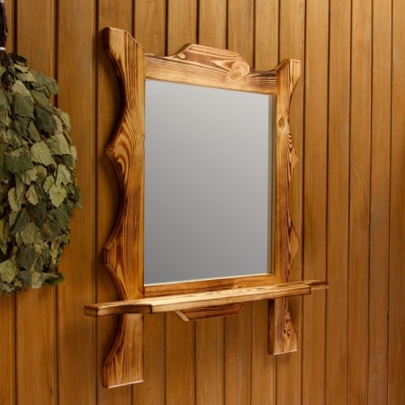 Carved "square" mirror with a shelf, burned, 53 × 53 × 15 cm