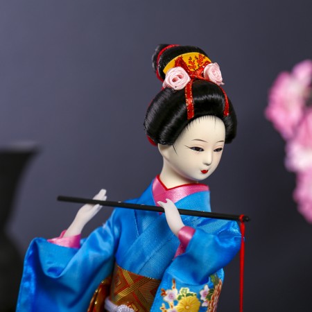 Collector doll "Japanese in a silk blue kimono with flute" 30x12.5x12.5 cm-4