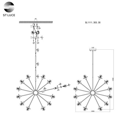 Suspension lamp ST LUCE. SL1111.303.30. Guido. 30x40 watts, e27, 100x100 cm, brass color-15