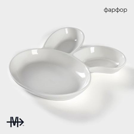 Porcelain dish for feeding Magistro "Eared Zay" with two saucers, 27 × 22.5 cm, white color-1