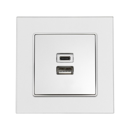 Socket with USB-A + usb-C connectors, 2.1 A, 5V, TOT GLOSSY GLASS, Hidden, glass, silver 10439-2
