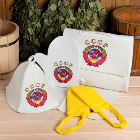 Set for a bathhouse and sauna 5 in 1 (bag, hat, mitten, rug, washcloth), with a print "USSR", white-1