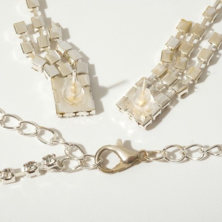 Set 2 objects: earrings, necklace “sparks” grid, white color in silver, 30 cm-1