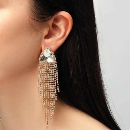 Hanging earrings with grace rhinestones large triangle, white color in gold, 11 cm-2