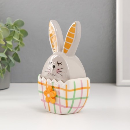 Coramics box "Bunny in an egg in a cell, with a flower" gray-yellow 8x5.4x14.2 cm-1