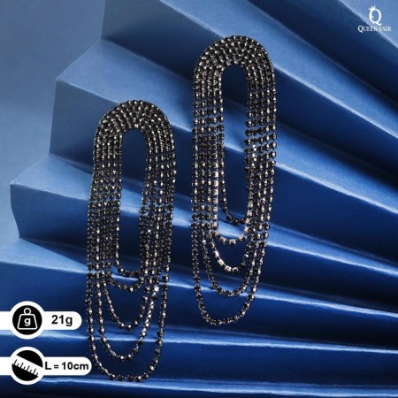 Hanging earrings with rhinestones "Magic" medium, black color, 10 cm