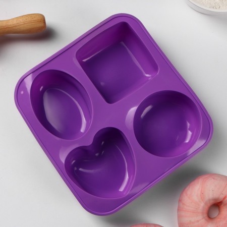 Silicone form for baking “Figures and Heart”, 16 × 17 cm, 4 cells (7 × 7 cm), Mix color-1