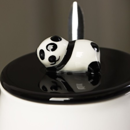 Ceramic mug with a lid and spoon "Panda", 450 ml, white and black color-3
