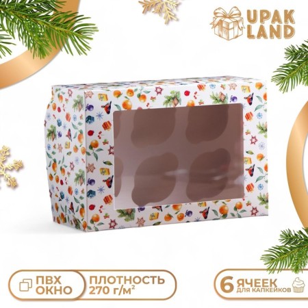 Packaging for 6 cupcakes with the “New Year mood” window, 25 x 17 x 10 cm, 1 pc.