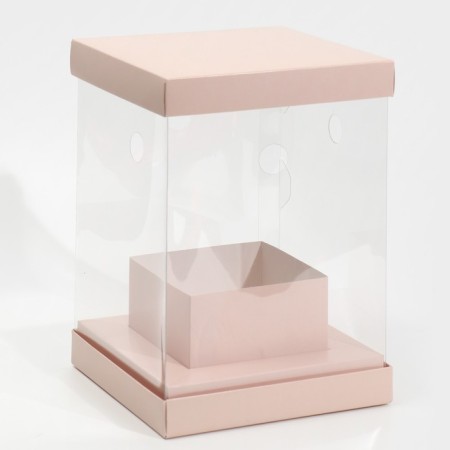 Gift box for flowers with a vase and PVC windows folding, packaging, "beige", 16 x 23 x 16 cm-2