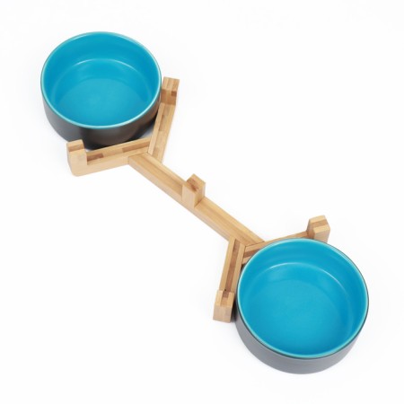 Double ceramic bowls on a stand of 2 x 450 ml 28.5 x 15.5 x 7 cm, gray/blue-4