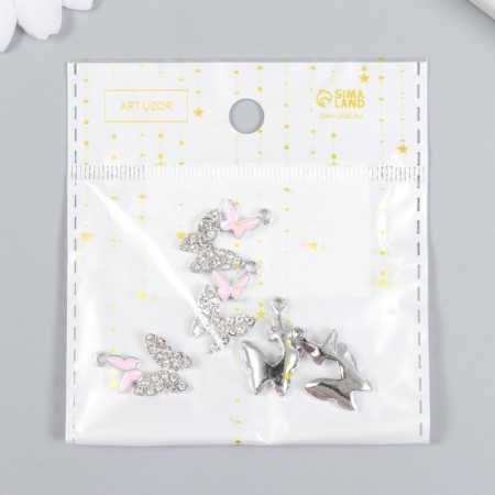 Decor for creativity metal, enamel, rhinestones "Two butterflies" silver, pink 1.4x2.2 cm-3