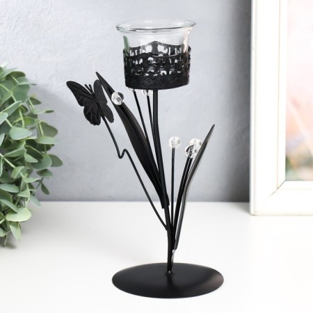 Summary Metal for 1 candle "Butterfly with Crystal balls" black 8.5x8.5x22 cm-2
