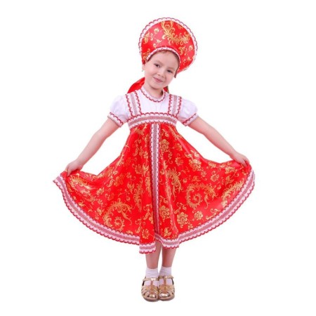Russian folk costume for a girl with a kokoshnik, rr 68, height 134 cm, red-beige patterns
