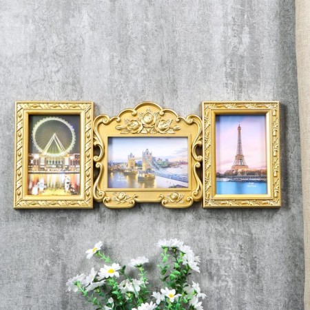 Photo frame plastic in 3 photos 10x15 cm "Frame with roses" gold 19.5x47 cm