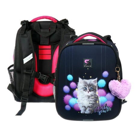 School backpack 38 x 30 x 16 cm, ergonomic back, stavia "kitten in cannons", black