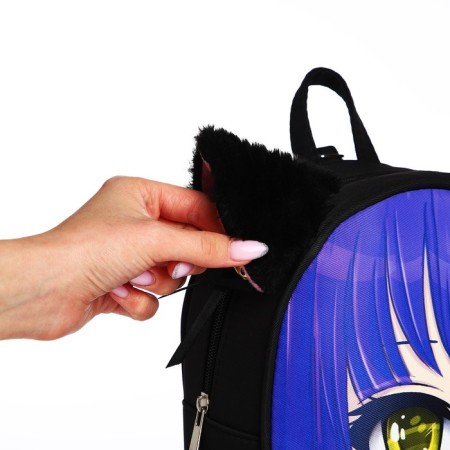 School textile backpack with ears on the hairpins "Anime", 27x23 cm, black/purple-8