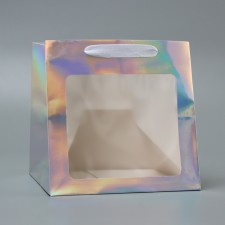 A packet for a cake with a square bottom and window, holographic, 20 x 20 x 20 cm