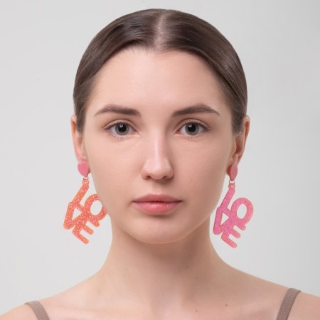 Acryl Love earrings, sparkles, coral color-3