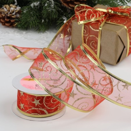 Kapron tape with metal thread "monogram", 38 mm × 2.7 ± 0.5 m, red/gold color