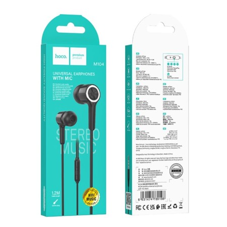 Hoco M104 headphones, wired, vacuum, microphone, 1.2 m, black-4