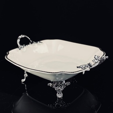 Deep dish with Lenardi Atlantis handles, on legs, porcelain, length 28 cm
