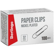 Nickelled 32 mm paper clips, 100 pieces, cardboard packaging