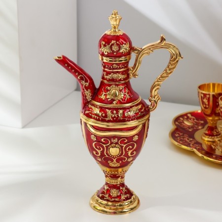 Set of wine jug, 6 glasses and tray "Türkiye. Flowers and patterns" red with gold-4