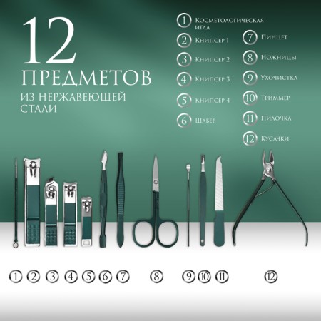 Manicure set, 12 items, in case, emerald color-1