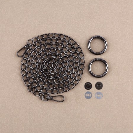 Fittings for bag No. 2, set 4 objects, carbine - 2 pcs, chain, buttons, metal, black nickel