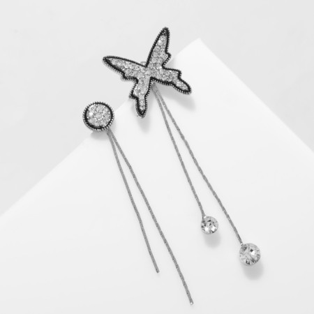 Hanging earrings with rhinestones "Butterfly" and a circle, black and white color in silver