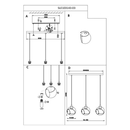 Suspended EVOLUCE lamp. Sle103143-03. Satturo. 3x60 watts, E27, 65.5x15x120 cm, black color-6