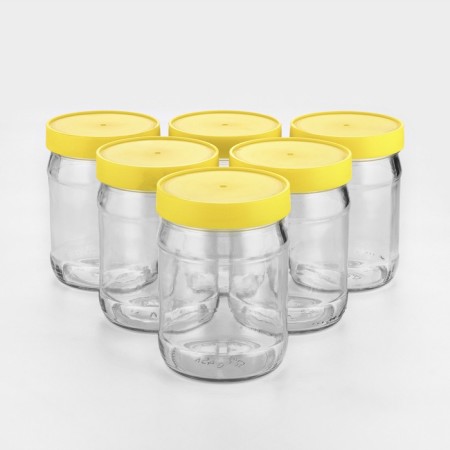 A set of glass cans with a yellow polymer lid, TO-82 mm, 450 ml, 6 pcs.