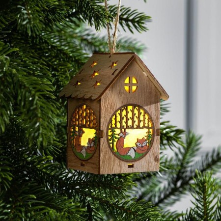 Christmas tree toy "House with a fox", from batteries, glow warm white