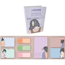 A set of adhesive paper for DEVENTE notes. 65x100 mm, set of notes: 20x56 mm, 40x56 mm and 56x90 mm, 8x20 sheets, offset 80 g/m², print 4+0, range of forms, 8 designs, in cardboard blister and plastic bag with a Euro suspension