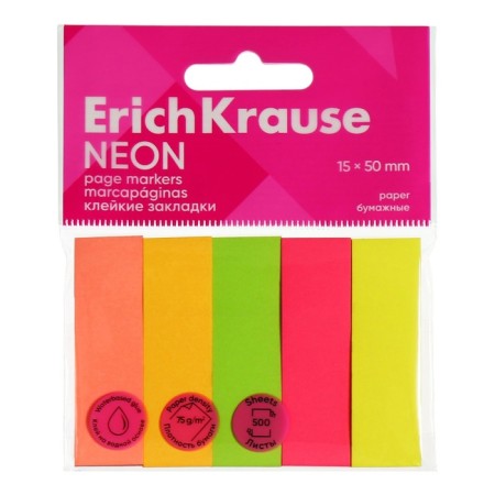 Bookmarks with adhesive edge paper 15x50 mm, Erichkrause "Neon", 500 sheets, 5 colors