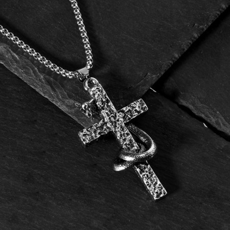 Pendant "Cross" with a snake, color black silver, l = 70 cm-4