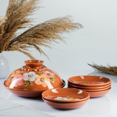 Set for pancakes 7 items: 1 pc. Pancake, 6 pcs. plates, with painting, multi -flowers