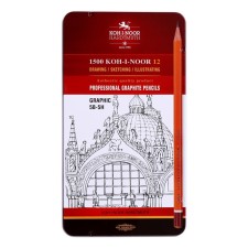 A set of pencils of black-dimensions of 12 pieces of Koh-I-Noor 1502/III, 5B-5H, in a metal pencil case