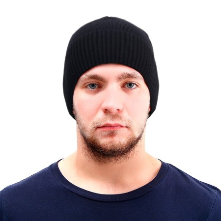Knitted hat, with a lapel, on a fleece, a small scar, black