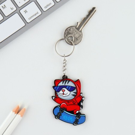 Key keychain "Wooden" cat on the skate ", 4.3 x 6 cm-1