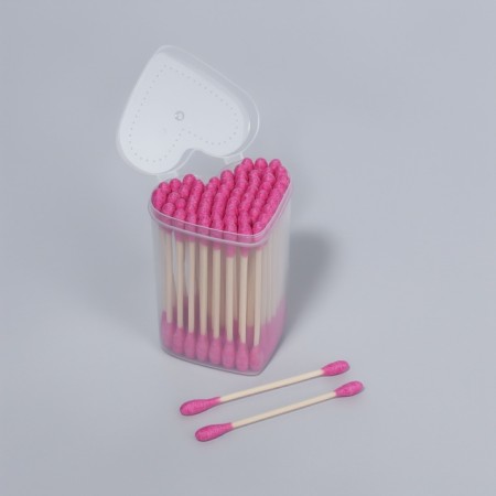 Cotton -based sticks “heart”, 7 cm, 64 pcs, in a plastic organizer, pink color-2