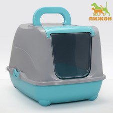 Туалет-домик для кошек, закрытый с дверцей 57 х 43 х 38 см, бирюзово-серый