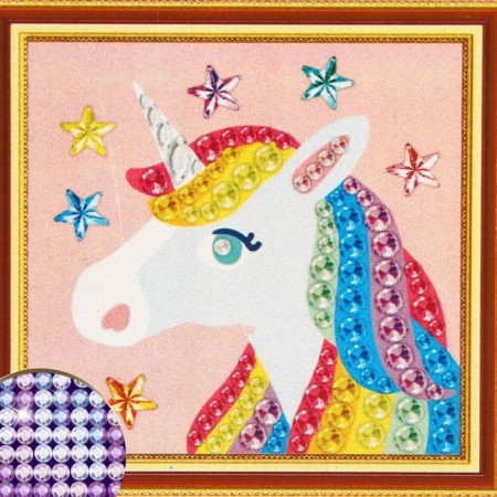 Diamond mosaic with partial filling "Rainbow Unicorn" 20 × 20 cm, with a frame on a stand